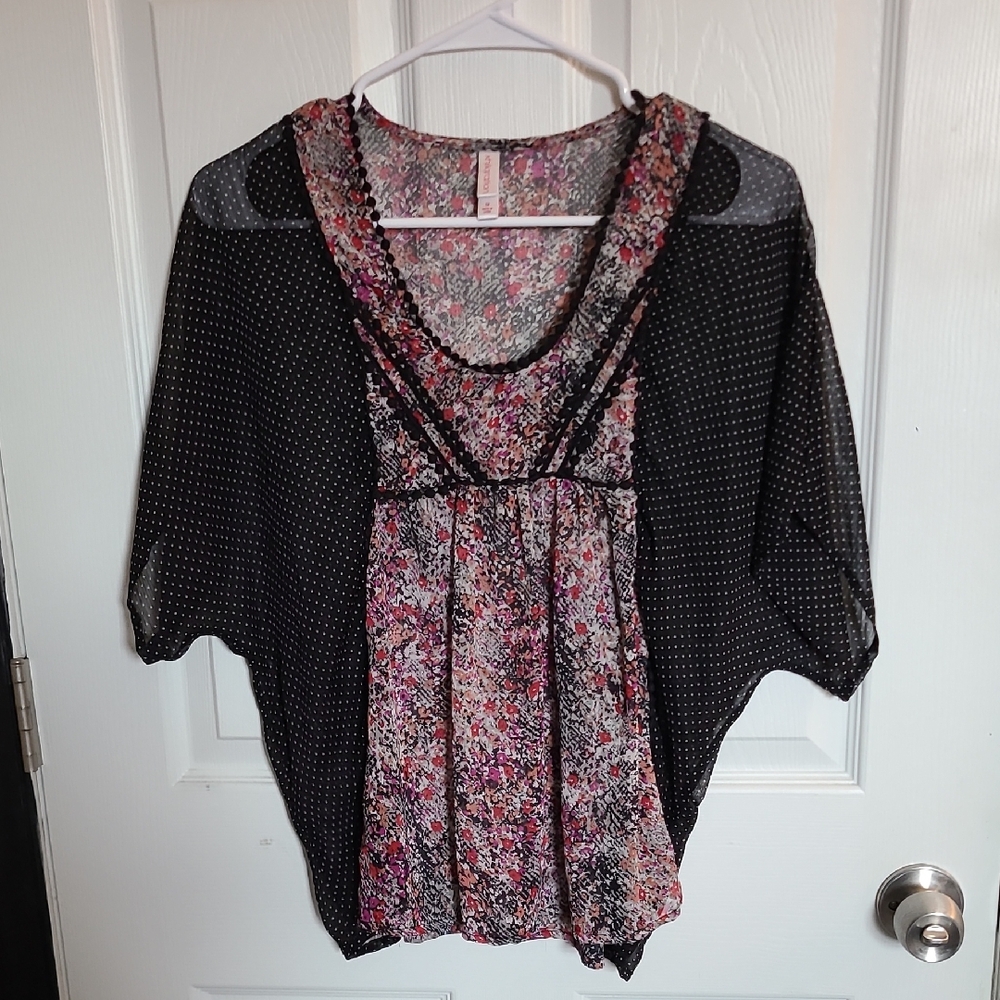 Xhilaration Black and Pink Floral Blouse Fairy BOHO